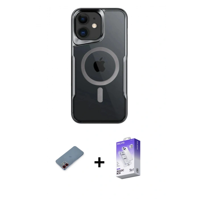 MARSİLYAN™- iPhone 12 Kılıf Yadigar Klasik Özel Seri - Siyah Bilvis 5in1 3D Magic Cam Ekran Koruyucu + Kırmızı Metal Kamera Lens Koruma Cam