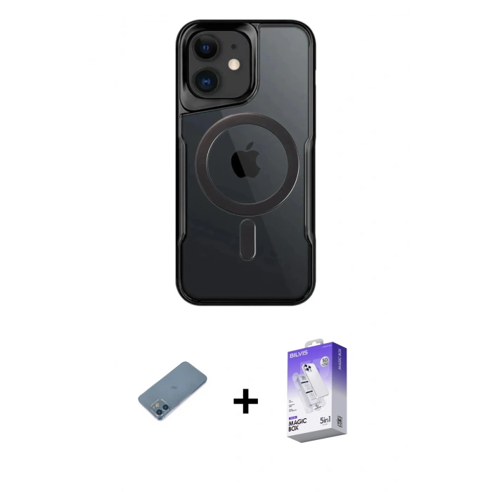 MARSİLYAN™- iPhone 12 Kılıf Yadigar Klasik Özel Seri - Siyah Bilvis 5in1 3D Magic Cam Ekran Koruyucu + Mavi Shine Kamera Lens Koruma Cam
