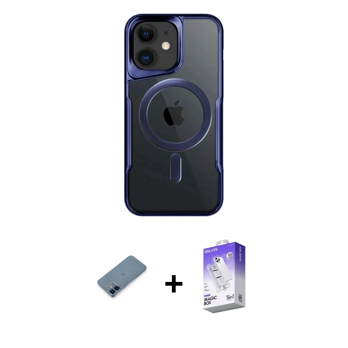 MARSİLYAN™- iPhone 12 Kılıf Yadigar Klasik Özel Seri - Siyah Bilvis 5in1 3D Magic Cam Ekran Koruyucu + Mavi Metal Kamera Lens Koruma Cam
