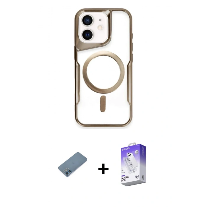 MARSİLYAN™- iPhone 12 Kılıf Yadigar Klasik Özel Seri - Siyah Bilvis 5in1 3D Magic Cam Ekran Koruyucu + Mavi Shine Kamera Lens Koruma Cam