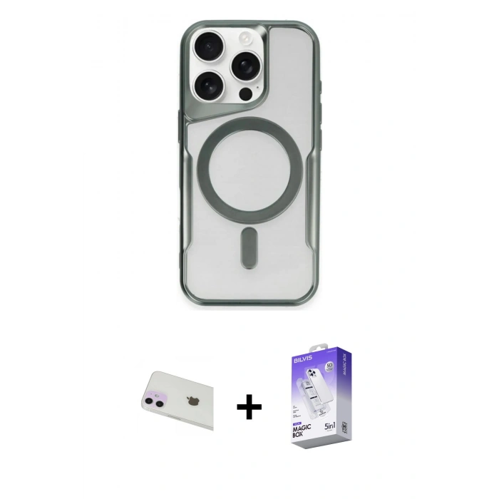 MARSİLYAN™- iPhone 12 Kılıf Yadigar Klasik Özel Seri - Siyah Bilvis 5in1 3D Magic Cam Ekran Koruyucu + Rainbow Kamera Lens Koruma Cam - MR