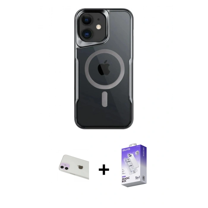MARSİLYAN™- iPhone 12 Kılıf Yadigar Klasik Özel Seri - Siyah Bilvis 5in1 3D Magic Cam Ekran Koruyucu + Rainbow Kamera Lens Koruma Cam - MR