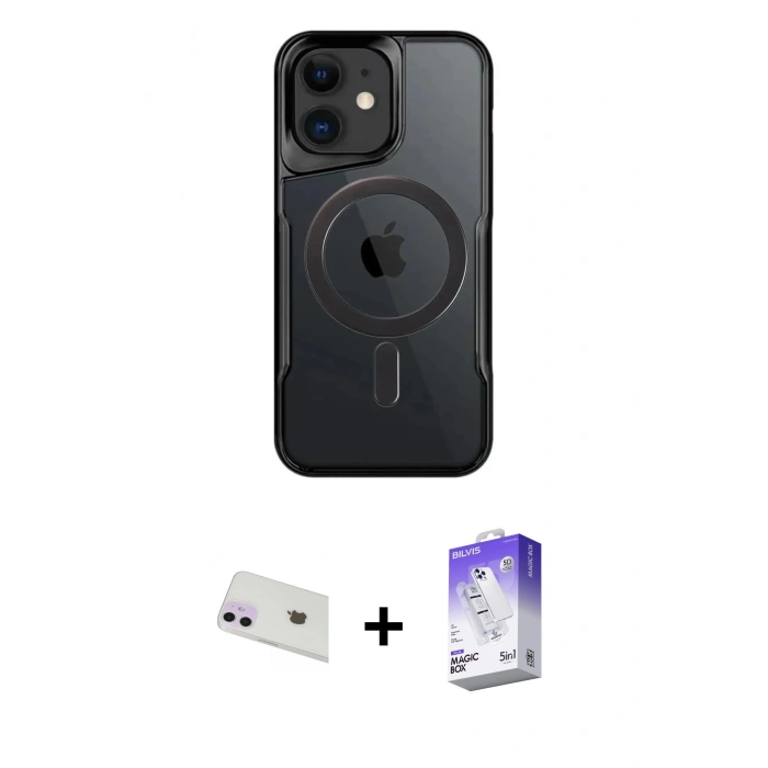 MARSİLYAN™- iPhone 12 Kılıf Yadigar Klasik Özel Seri - Siyah Bilvis 5in1 3D Magic Cam Ekran Koruyucu + Rainbow Kamera Lens Koruma Cam - MR