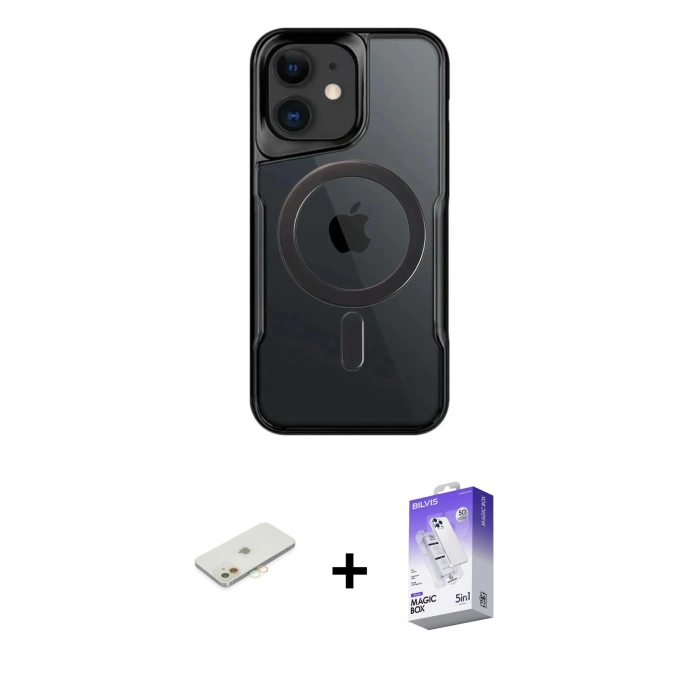 MARSİLYAN™- iPhone 12 Kılıf Yadigar Klasik Özel Seri - Siyah Bilvis 5in1 3D Magic Cam Ekran Koruyucu + Renkli Kamera Lens Koruma Cam - TU