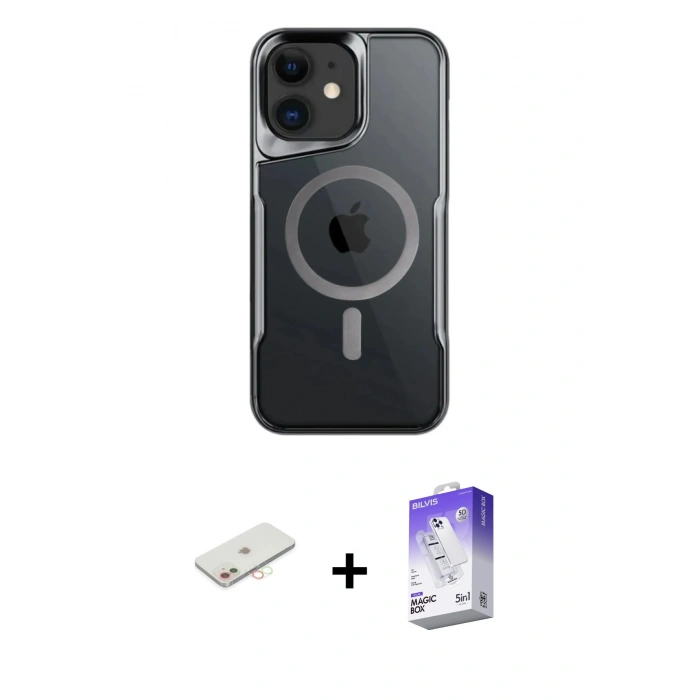 MARSİLYAN™- iPhone 12 Kılıf Yadigar Klasik Özel Seri - Siyah Bilvis 5in1 3D Magic Cam Ekran Koruyucu + Renkli Kamera Lens Koruma Cam - YL