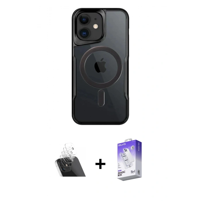 MARSİLYAN™- iPhone 12 Kılıf Yadigar Klasik Özel Seri - Siyah Bilvis 5in1 3D Magic Cam Ekran Koruyucu + Kamera Lens Koruma Cam - SF