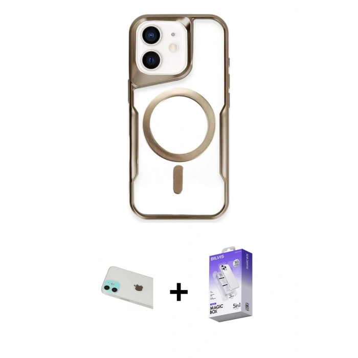 MARSİLYAN™- iPhone 12 Kılıf Yadigar Klasik Özel Seri - Siyah Bilvis 5in1 3D Magic Cam Ekran Koruyucu + Rainbow Kamera Lens Koruma Cam - YL