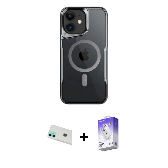 MARSİLYAN™- iPhone 12 Kılıf Yadigar Klasik Özel Seri - Siyah Bilvis 5in1 3D Magic Cam Ekran Koruyucu + Rainbow Kamera Lens Koruma Cam - YL