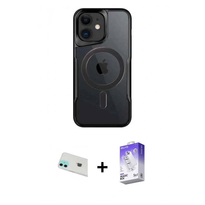 MARSİLYAN™- iPhone 12 Kılıf Yadigar Klasik Özel Seri - Siyah Bilvis 5in1 3D Magic Cam Ekran Koruyucu + Rainbow Kamera Lens Koruma Cam - YL