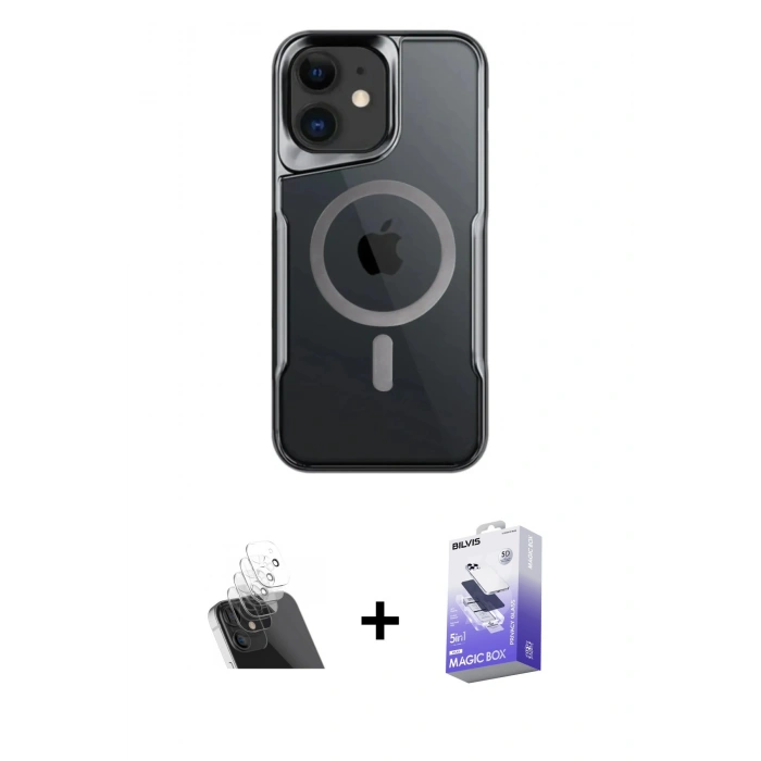 MARSİLYAN™- iPhone 12 Kılıf Yadigar Klasik Özel Seri - Siyah Bilvis 5in1 5D Magic Hayalet Cam Ekran Koruyucu + Kamera Lens Koruma Cam - SF