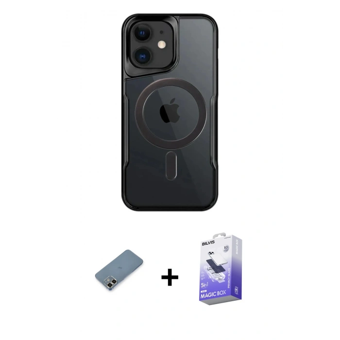 MARSİLYAN™- iPhone 12 Kılıf Yadigar Klasik Özel Seri - Siyah Bilvis 5in1 5D Magic Hayalet Cam Ekran Koruyucu + Metal Kamera Lens Koruma Cam - GD