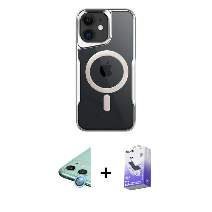 MARSİLYAN™- iPhone 12 Kılıf Yadigar Klasik Özel Seri - Siyah Bilvis 5in1 5D Magic Hayalet Cam Ekran Koruyucu + Mavi Raze Metal Kamera Lens