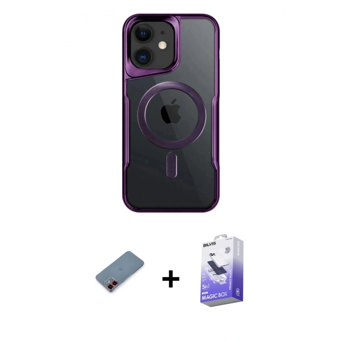 MARSİLYAN™- iPhone 12 Kılıf Yadigar Klasik Özel Seri - Siyah Bilvis 5in1 5D Magic Hayalet Cam Ekran Koruyucu + Kırmızı Metal Kamera Lens Koruma Cam