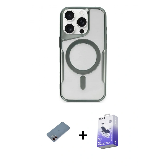 MARSİLYAN™- iPhone 12 Kılıf Yadigar Klasik Özel Seri - Siyah Bilvis 5in1 5D Magic Hayalet Cam Ekran Koruyucu + Shine Kamera Lens Koruma Cam - PE