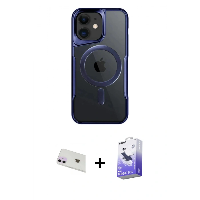 MARSİLYAN™- iPhone 12 Kılıf Yadigar Klasik Özel Seri - Siyah Bilvis 5in1 5D Magic Hayalet Cam Ekran Koruyucu + Rainbow Kamera Lens Koruma Cam - MR