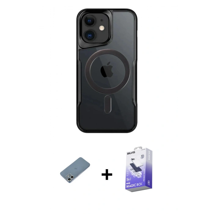MARSİLYAN™- iPhone 12 Kılıf Yadigar Klasik Özel Seri - Siyah Bilvis 5in1 5D Magic Hayalet Cam Ekran Koruyucu + Shine Kamera Lens Koruma Cam - GS