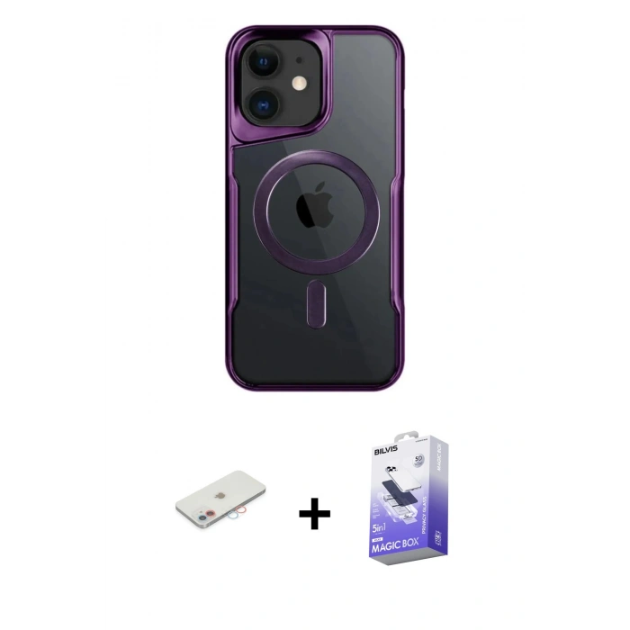 MARSİLYAN™- iPhone 12 Kılıf Yadigar Klasik Özel Seri - Siyah Bilvis 5in1 5D Magic Hayalet Cam Ekran Koruyucu + Renkli Kamera Lens Koruma Cam - PE