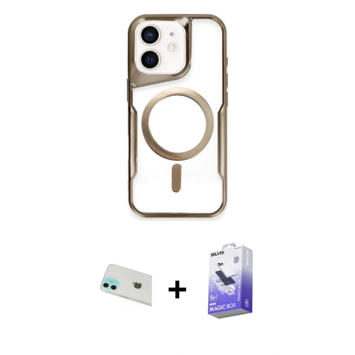 MARSİLYAN™- iPhone 12 Kılıf Yadigar Klasik Özel Seri - Siyah Bilvis 5in1 5D Magic Hayalet Cam Ekran Koruyucu + Yeşil Rainbow Kamera Lens Koruma Cam