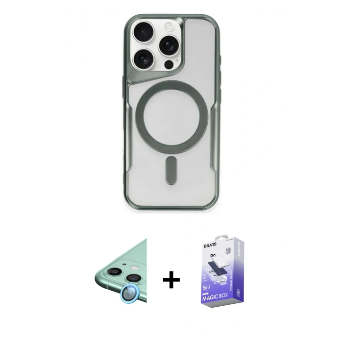 MARSİLYAN™- iPhone 12 Kılıf Yadigar Klasik Özel Seri - Siyah Bilvis 5in1 5D Magic Hayalet Cam Ekran Koruyucu + Mavi Raze Metal Kamera Lens