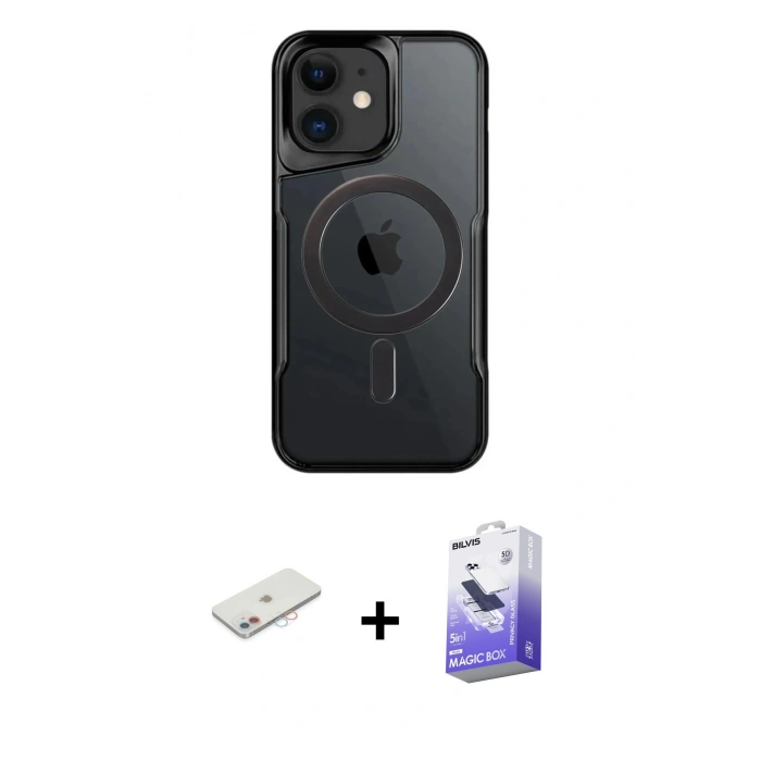 MARSİLYAN™- iPhone 12 Kılıf Yadigar Klasik Özel Seri - Siyah Bilvis 5in1 5D Magic Hayalet Cam Ekran Koruyucu + Renkli Kamera Lens Koruma Cam - PE