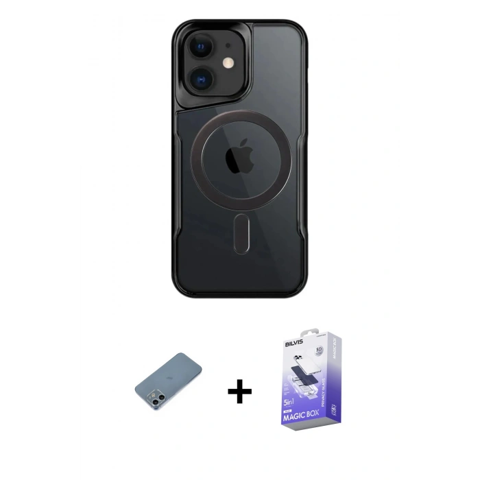 MARSİLYAN™- iPhone 12 Kılıf Yadigar Klasik Özel Seri - Siyah Bilvis 5in1 5D Magic Hayalet Cam Ekran Koruyucu + Shine Kamera Lens Koruma Cam - SABE