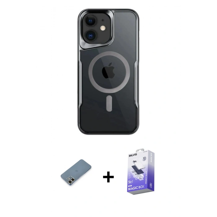 MARSİLYAN™- iPhone 12 Kılıf Yadigar Klasik Özel Seri - Siyah Bilvis 5in1 5D Magic Hayalet Cam Ekran Koruyucu + Metal Kamera Lens Koruma Cam - GD