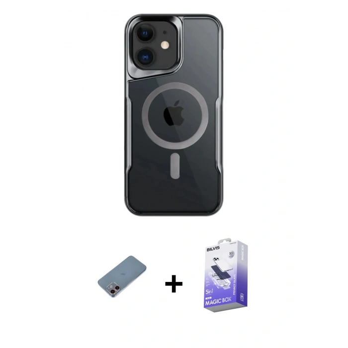 MARSİLYAN™- iPhone 12 Kılıf Yadigar Klasik Özel Seri - Siyah Bilvis 5in1 5D Magic Hayalet Cam Ekran Koruyucu + Shine Kamera Lens Koruma Cam - PE