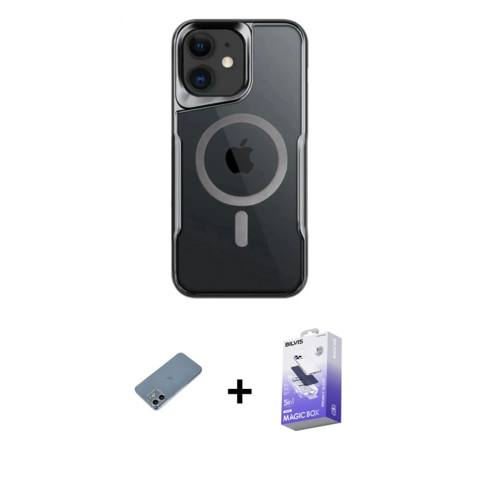 MARSİLYAN™- iPhone 12 Kılıf Yadigar Klasik Özel Seri - Siyah Bilvis 5in1 5D Magic Hayalet Cam Ekran Koruyucu + Shine Kamera Lens Koruma Cam - SABE