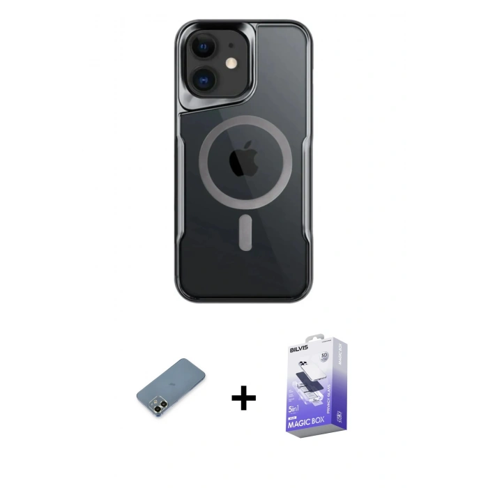 MARSİLYAN™- iPhone 12 Kılıf Yadigar Klasik Özel Seri - Siyah Bilvis 5in1 5D Magic Hayalet Cam Ekran Koruyucu + Metal Kamera Lens Koruma Cam - AKYL