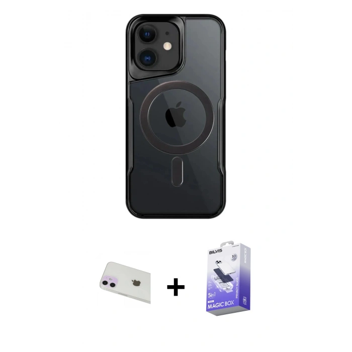 MARSİLYAN™- iPhone 12 Kılıf Yadigar Klasik Özel Seri - Siyah Bilvis 5in1 5D Magic Hayalet Cam Ekran Koruyucu + Rainbow Kamera Lens Koruma Cam - MR