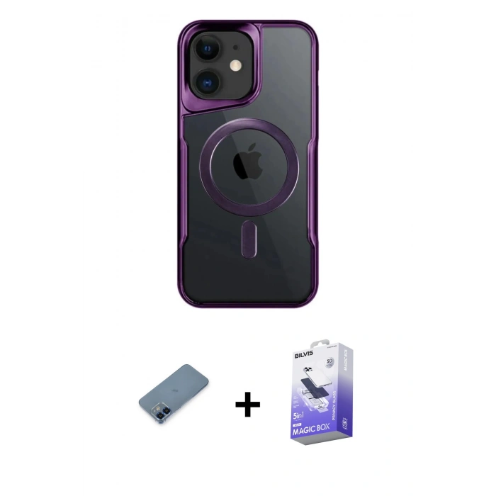 MARSİLYAN™- iPhone 12 Kılıf Yadigar Klasik Özel Seri - Siyah Bilvis 5in1 5D Magic Hayalet Cam Ekran Koruyucu + Metal Kamera Lens Koruma Cam - MI