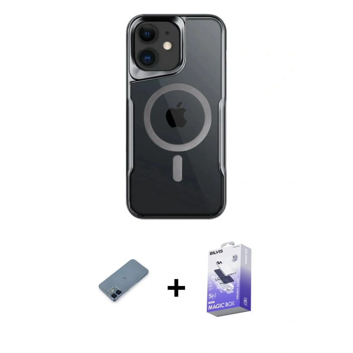 MARSİLYAN™- iPhone 12 Kılıf Yadigar Klasik Özel Seri - Siyah Bilvis 5in1 5D Magic Hayalet Cam Ekran Koruyucu + Metal Kamera Lens Koruma Cam - MI