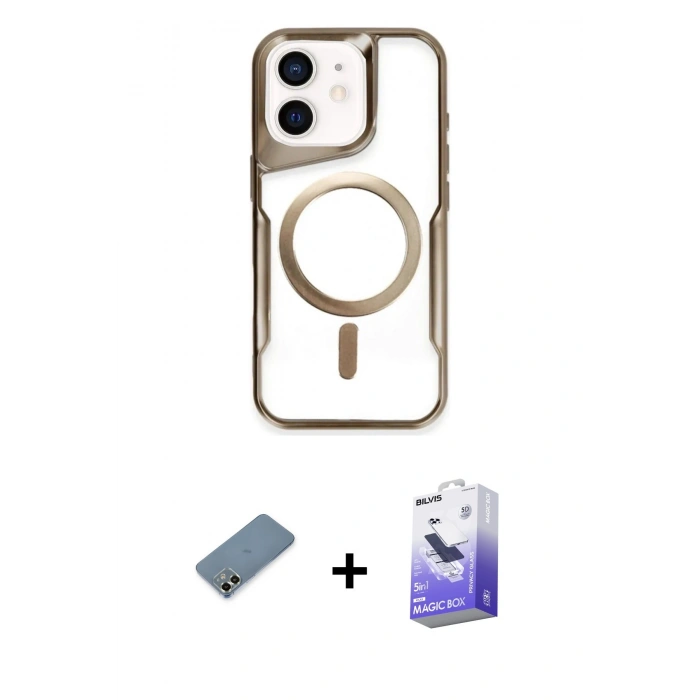 MARSİLYAN™- iPhone 12 Kılıf Yadigar Klasik Özel Seri - Siyah Bilvis 5in1 5D Magic Hayalet Cam Ekran Koruyucu + Metal Kamera Lens Koruma Cam - AKYL