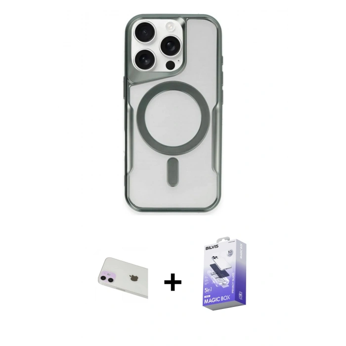 MARSİLYAN™- iPhone 12 Kılıf Yadigar Klasik Özel Seri - Siyah Bilvis 5in1 5D Magic Hayalet Cam Ekran Koruyucu + Rainbow Kamera Lens Koruma Cam - MR