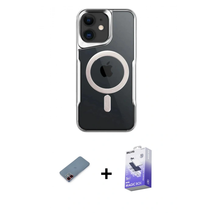 MARSİLYAN™- iPhone 12 Kılıf Yadigar Klasik Özel Seri - Siyah Bilvis 5in1 5D Magic Hayalet Cam Ekran Koruyucu + Kırmızı Metal Kamera Lens Koruma Cam