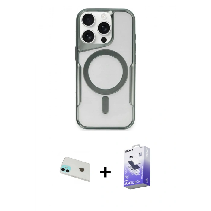MARSİLYAN™- iPhone 12 Kılıf Yadigar Klasik Özel Seri - Siyah Bilvis 5in1 5D Magic Hayalet Cam Ekran Koruyucu + Yeşil Rainbow Kamera Lens Koruma Cam