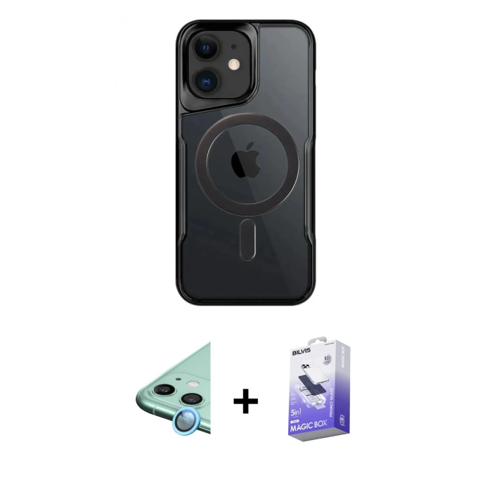 MARSİLYAN™- iPhone 12 Kılıf Yadigar Klasik Özel Seri - Siyah Bilvis 5in1 5D Magic Hayalet Cam Ekran Koruyucu + Mavi Raze Metal Kamera Lens