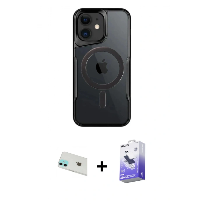 MARSİLYAN™- iPhone 12 Kılıf Yadigar Klasik Özel Seri - Siyah Bilvis 5in1 5D Magic Hayalet Cam Ekran Koruyucu + Yeşil Rainbow Kamera Lens Koruma Cam