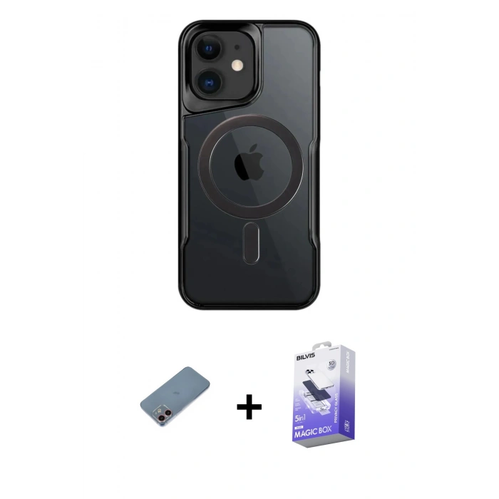 MARSİLYAN™- iPhone 12 Kılıf Yadigar Klasik Özel Seri - Siyah Bilvis 5in1 5D Magic Hayalet Cam Ekran Koruyucu + Shine Kamera Lens Koruma Cam - PE