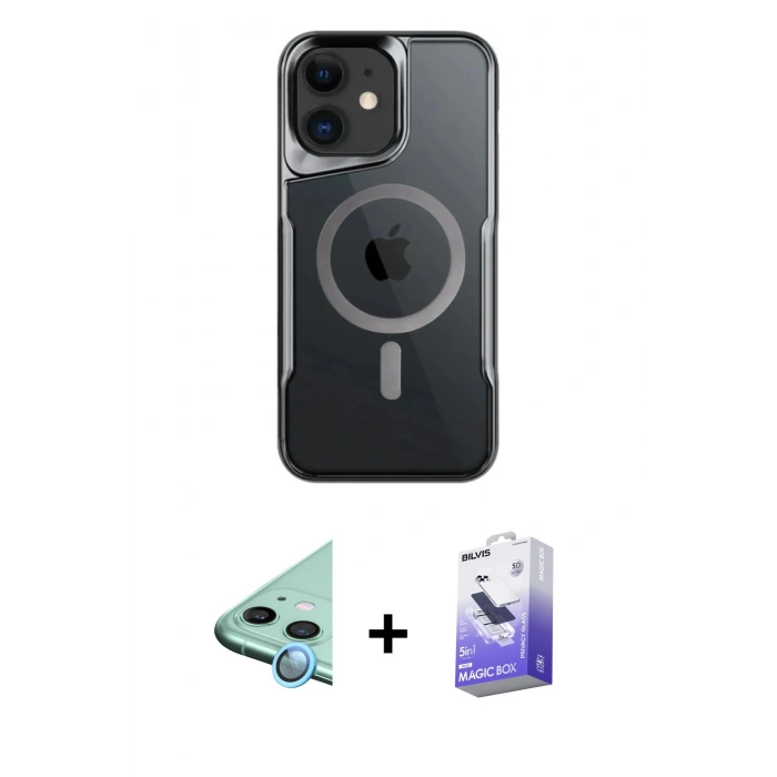 MARSİLYAN™- iPhone 12 Kılıf Yadigar Klasik Özel Seri - Siyah Bilvis 5in1 5D Magic Hayalet Cam Ekran Koruyucu + Mavi Raze Metal Kamera Lens