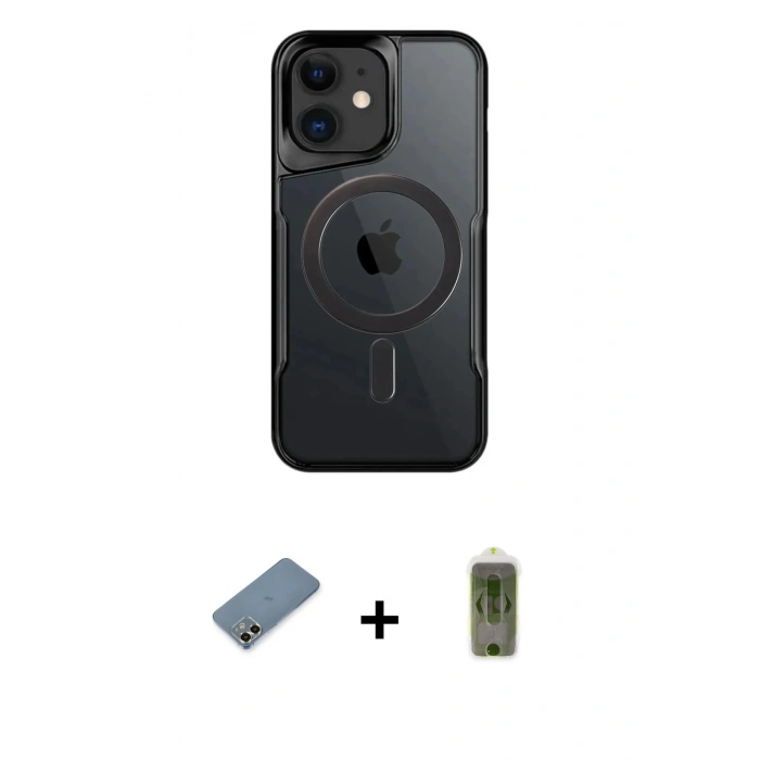 MARSİLYAN™- iPhone 12 Kılıf Yadigar Klasik Özel Seri - Siyah Joko Magic 5D Hayalet Cam + Metal Kamera Lens Koruma Cam - GD