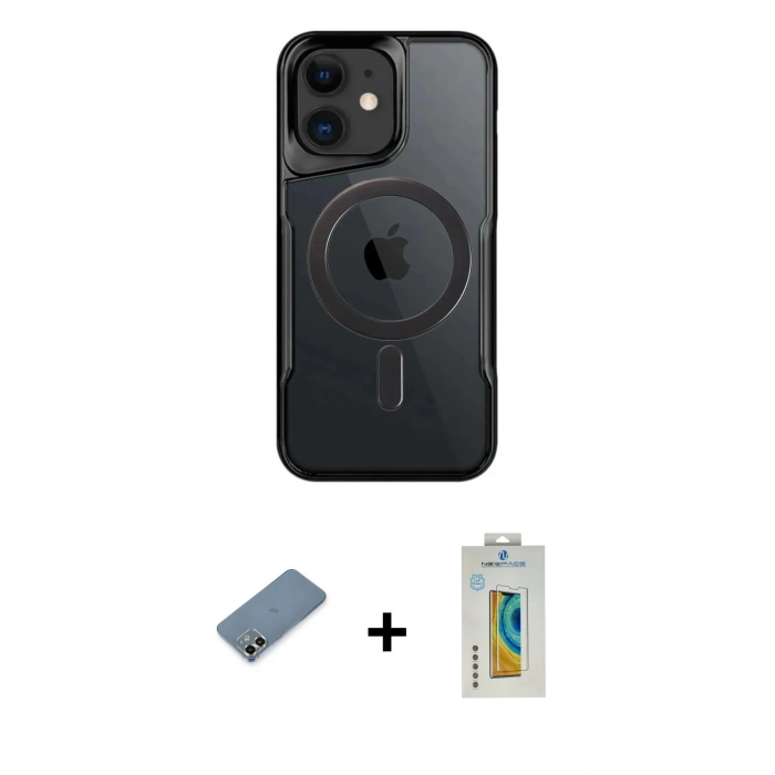 MARSİLYAN™- iPhone 12 Kılıf Yadigar Klasik Özel Seri - Siyah Polymer Nano Ekran Koruyucu + Açık Yeşil Metal Kamera Lens Koruma Cam