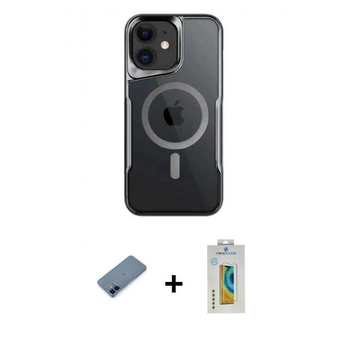 MARSİLYAN™- iPhone 12 Kılıf Yadigar Klasik Özel Seri - Siyah Polymer Nano Ekran Koruyucu + Metal Kamera Lens Koruma Cam - MI