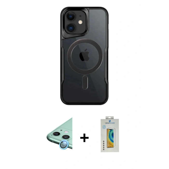 MARSİLYAN™- iPhone 12 Kılıf Yadigar Klasik Özel Seri - Siyah Polymer Nano Ekran Koruyucu + Raze Metal Kamera Lens - MI