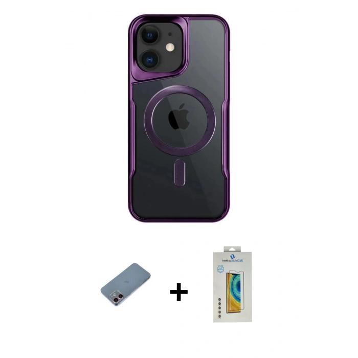 MARSİLYAN™- iPhone 12 Kılıf Yadigar Klasik Özel Seri - Siyah Polymer Nano Ekran Koruyucu + Pembe Shine Kamera Lens Koruma Cam