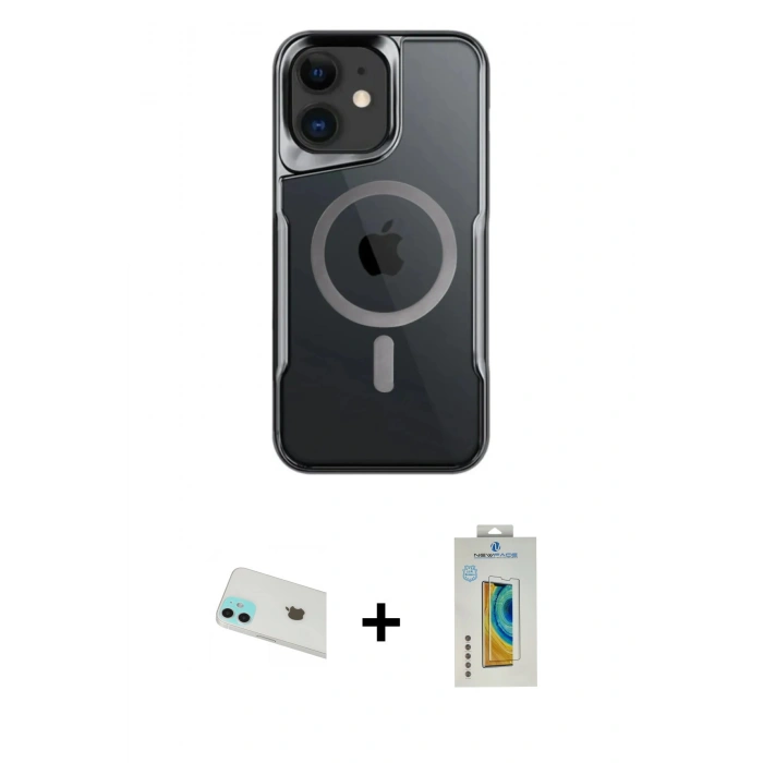 MARSİLYAN™- iPhone 12 Kılıf Yadigar Klasik Özel Seri - Siyah Polymer Nano Ekran Koruyucu + Rainbow Kamera Lens Koruma Cam - YL