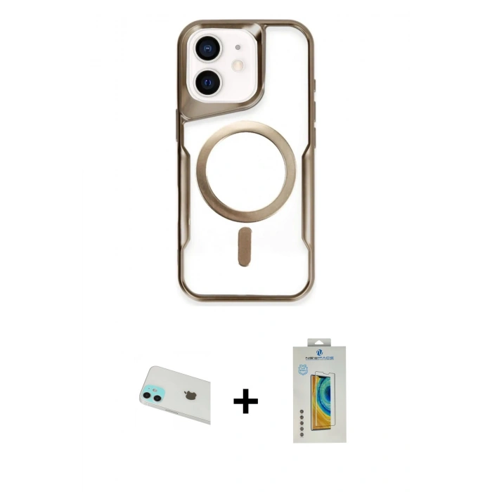MARSİLYAN™- iPhone 12 Kılıf Yadigar Klasik Özel Seri - Siyah Polymer Nano Ekran Koruyucu + Rainbow Kamera Lens Koruma Cam - YL