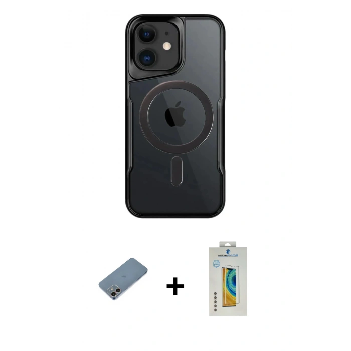 MARSİLYAN™- iPhone 12 Kılıf Yadigar Klasik Özel Seri - Siyah Polymer Nano Ekran Koruyucu + Shine Kamera Lens Koruma Cam - GI