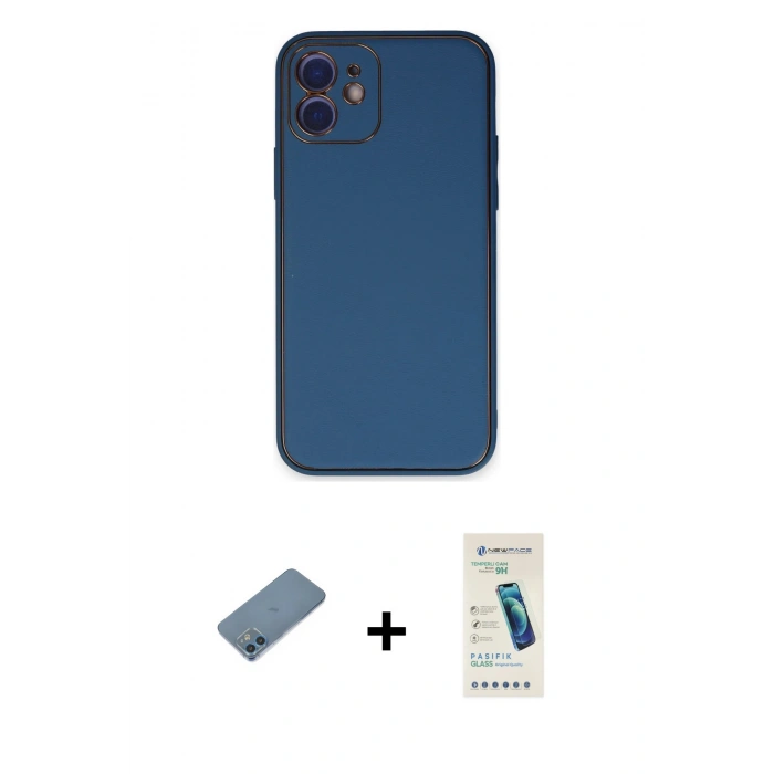 MARSİLYAN™- iPhone 12 Kılıf Yadigar Klasik - Şeffaf Pasifik Cam Ekran Koruyucu + Mavi Shine Kamera Lens Koruma Cam
