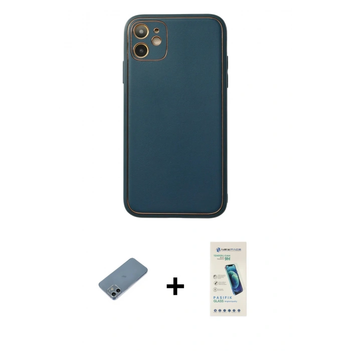 MARSİLYAN™- iPhone 12 Kılıf Yadigar Klasik - Şeffaf Pasifik Cam Ekran Koruyucu + Sierra Blue Shine Kamera Lens Koruma Cam